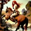 Placeholder: stunningly beautiful, Red Sonja riding a horse, red to orange hair hyper realist, hyper detailed, intricate, awesome, masterpiece, perfectly centered subject, hyper realist shading lighting, greg rutkowski, magali villeneuve, artgerm, wlop, rossdrawsby Andy Warhol, by Camille Corot, by Frida Kahlo, by Katsushika Hokusai, Graphemes, Light Painting, Soviet Art, Technicolor