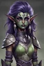 Placeholder: Create a young, perky, female humanoid githyanki. She has pale green skin, big dark purple flowing hair, large dark black eyes, a few facial tatoos, face, pointed ears, dressed in armor.