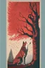 Placeholder: in a cosy vintage style, a wolf marvels at a red tree