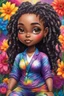 Placeholder: Create an oil painting image of a chibi black curvy female wearing a tie dye yoga outfit. Prominent make up with hazel eyes. Highly detail asymmetrical dread locs. background of colorful large flowers 2k