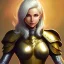 Placeholder: D&D character, female, cleric, platinum blonde hair, gold eyes, smile, teal armor