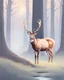 Placeholder: deer with antlers standing sideways, looking at viewer, realistic water color painted, among light colored tall simplified tree trunks, foggy, Easter Spring pastel colors, colorful, dark background