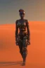 Placeholder: 3D render of a cyberpunk tribal young black woman, black hair, ragged shirt, on a orange dune background, digital art