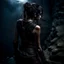 Placeholder: a beautiful tiefling woman with dark hair in a sleeveless battle outfit, seen from the back, at the edge of a precipice in the dark, ready to jump, photo quality, dark colors