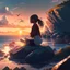 Placeholder: A girl is sitting on the edge of the rocks by the seashore and is meditating. The sun is setting, digital art, anime, 4k, full details