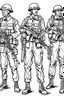 Placeholder: Outline art for coloring page OF A 1940'S TOY SET OF FOUR SMALL AMERICAN PLASTIC TOY ARMY SOLDIERS, coloring page, white background, Sketch style, only use outline, clean line art, white background, no shadows, no shading, no color, clear