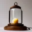 Placeholder: wooden bird in a bell jar, symmetrical, frosted glass, glossy from rain, warm lighting