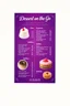 Placeholder: A luxurious purple dessert shop menu titled "Dessert on the Go". The menu is divided into sections for cakes, doughnuts, and waffles. Each section contains a variety of mouth-watering desserts with high-quality images. The background contains a few dessert images like a cake, a doughnut, and a waffle. The contact details of the dessert shop are placed at the bottom of the page. The overall design is clean and visually appealing.