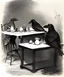 Placeholder: Two crows sitting at a table. Drawing style of J.j.Grandville