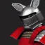 Placeholder: Chat, Modélisme trois dimensions, anthropomorphique, habillé comme un samurai, armure rouge et argent très détaillée, réalisme