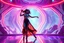 Placeholder: Futuristic sci-fi style, a pretty woman dancing energetic salsa with fluid, expressive movements, on a futuristic evolving stage with morphing 3D geometric structures, pulsating to the rhythm, dynamic vibrant neon lights, volumetric