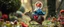 Placeholder: depth of field, halo, close up on blue and red clothed gnome riding squirrel with lance in garden of eden in the style of Escher and Giger
