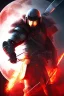 Placeholder: Full body portrait of a dangerous Futuristic warrior, dark scenery, red moon, dark, black, angry