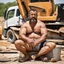 Placeholder: close up photography of a arab ugly burly serious wet sweaty, muscular chubby strong fat carpenter, shirtless, swimwear, bulge, manly chest, very hairy allover, big goatee 46 years old, short hair, sitting with open legs on a little chair , on a construction site in the middle of a road, under the August sun, emotional eyes, , hyper-realistic, photorealistic , frontal view from the ground