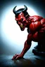 Placeholder: Realistic devil leaning forward at an angle facing left, posed as if over a shoulder, red skin, horror style, no other person.