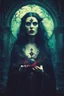 Placeholder: Conceptual surreal and otherworldly portrait photograph of a Vampire Sorceress lost in Time , in the photographic style of Jerry Uelsmann, cross processed color image, 8k, cinematic quality