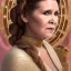 Placeholder: hyperspace background, complete and photo realistic detailed head to waist stunning photo realistic portrait of carrie fisher as Princess Leia in star wars with photo realistic wedding hairstyle by Mandy Jurgens and mucha and Richard Schmid and chuck close and chie yoshii, extraordinary and detailed ceremony dress of star wars,brown eyes