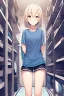 Placeholder: anime girl in a changing room wearing short-shorts and a pyjama shirt, with her back turned.