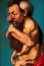 Placeholder: 4K Ultra-HD, Hyper realistic, in the style of Caravaggio - Fred Flintstone, handsome, fair skin, tan beard stubbles, black hair, thick black eyebrows and a large nose. broad shoulders and massive arms, He wears a raggedy, deep sky blue or an aqua teal-green necktie, and a short-sleeved orange and black-spotted loincloth with a torn hemline. -- cinema lighting,