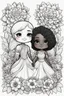 Placeholder: create a outlined coloring page of a chibi black characters of a couple surrounded by flowers. Pay attention to the details of the faces and flowers and the emotions conveyed by the couple. White background, sketch style, half of body, use outline, Mandala style, clean line art, no shadows, no coloring, no shading, no grey.