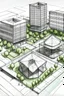 Placeholder: A simple sketch of an urban park with three one-story buildings made of medium glass and a pentagonal roof