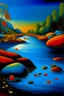 Placeholder: blue water with green dark blue and red and orange stones in river by Dali