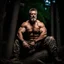 Placeholder: close up photography of an angry ugly 50 years old seated on a tree trunk in the wood in the dark night, strong beefy muscular , big shoulders, manly chest, bulging hunter camouflage trouser , shirtless, hairy , tatoo, 35mm lens, f/1.8,lit by bonfire , global illumination, frontal view from the ground