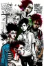 Placeholder: Act like a book cover designer. Use graffiti style. Three teenagers (13-15 years old) with a grimy black cat. Two boys- redhead, chubby, low, skinny, high, neutral emotion. The punk girl with black hair. In background punk rocker with red mohawk. Enviroment: old town.