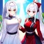 Placeholder: Clear focus, 8k, beautiful lighting, vibrant colors, girl, white hair, long hair, vibrant red eyes, ponytail, same twins, white hair, red eyes, same clothes,