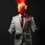 Placeholder: a scary man with fire in the palm of his hand wearing a white suit with a red tie who has no face