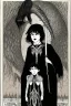 Placeholder: 7 year old boy, necromancer, friendly, looks dead,with a long lamprey emerging from his belly , wearing black robes, in the style of Harry Clarke