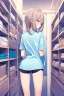 Placeholder: anime girl in a changing room wearing short-shorts and a pyjama shirt, with her back turned.