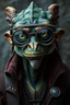 Placeholder: a realistc male argonian, alchemist from Elder scrolls, wearing thick seeing glasses. He is quirky with multi colored lizard skin and bright green eyes. thin build, goofy looking.