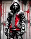 Placeholder: Banksy style. Grafiti. Full body. 3D. Masterpiece of a hooded and gas masked killer Cyborg, his eyes are intense. Red, white and black colors, (((full body)))