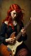 Placeholder: Hieronymus Bosch style , a women with red hair playing the electric guitar