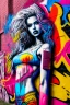 Placeholder: graffiti art on the brick wall portraying a female super model posing confidently, 8k, highly detailed, centered, epic composition, graffiti art, splash art, street art, spray paint, oil gouache melting, acrylic, high contrast, colorful polychromatic, ultra detailed, ultra quality, CGSociety