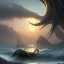 Placeholder: franz frazetta style, dead kraken on the sea, sunrise, open seas