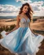 Placeholder: full-body closeup shot of a young, beautiful girl with a perfect face and makeup,wearing pretty dance dress standing in a stage in open air nice hills , blue sky ,pretty clouds at distant