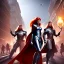 Placeholder: Three young teenagers with red hair, crowded busy street, stalls and carts with food and fruit, magic festival, spellcasting, leather armor,fantasy adventure, photorealistic, pristine,