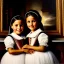 Placeholder: portrait of sisters Eira Santiago Arnau 10 year old and Dalia Santiago Arnau 6 year old by Velazquez,smiling, oil on canvas, cinematic composition, extreme detail,8k,fit full head inside picture,