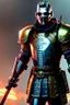 Placeholder: Fully armored cyberpunk samurai, photorealistic