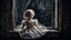 Placeholder: an old, dirty, worn (porcelain doll sitting in a beautiful lace dress) in a broken, dirty window, spiderweb, abandoned old room, dark surreal atmosphere, dull lights, dark colors sinister , surrealism, matte background