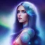 Placeholder: beautiful woman with long hair look the stars and northern aurora blue turquoise lights, blue, pink,