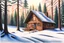 Placeholder: cabin in the woods, snow, sunshine, simple colored pencil drawing