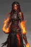 Placeholder: Paladin druid female made from fire . Hair is long and bright black some braids and it is on fire. Eyes are noticeably red color, fire reflects. Make fire with hands . Has a big scar over whole face. Skin color is dark