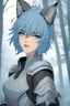 Placeholder: Young woman with short blue hair, wolf ears, vivid blue eyes. futuristic silver blue armor, smirking, fangs, woodland background, RWBY animation style