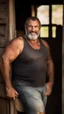 Placeholder: close up photography of a burly beefy overweight muscular sicilian farmer 47 years old, sweat, near a tractor, short curly hair, short white beard, manly chest,crossing arms, in tank top with dirty tank top and bulging shorts, near the door of a large barn, shy smile, under the sun, photorealistic, side light