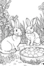 Placeholder: Outline art, no shading, rabbits full body in the garden, cartoon style, black and white, low detail, --ar 9:11