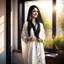 Placeholder: Hyper Realistic Photographic View Of A Gorgeous Pashto Young Woman (Wearing Long White Coat With Black Dress With Black Embroidery & Wearing Plain White Dupatta On Her Neck) Alone Happily Standing & Smiling In Her Office Room With Her Beautiful Long Black Hair With Sun Rays Coming From A Fancy Window At Her Back, With A Little Garden View From Outside WIndow Showing Dramatic & Cinematic Ambiance.