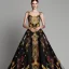 Placeholder: stunning extrem opulent haute couture gown designed by Marchesa inspired by fairies, realistic epic elegant fantasy color mix of black and gold and dark red,decorated with precious stones, detailed, high quality, intricate, fantasyland background,